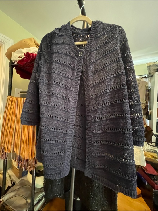 Sweaters - Navy Open Knit Cardigan Lightweight Button Front Sweater L
